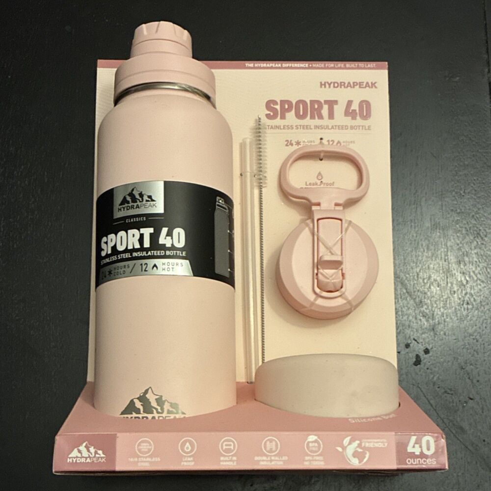 HYDRAPEAK Sport 40 Insulated Bottle 40oz Pink w/ Lid & Straw Cleaner
